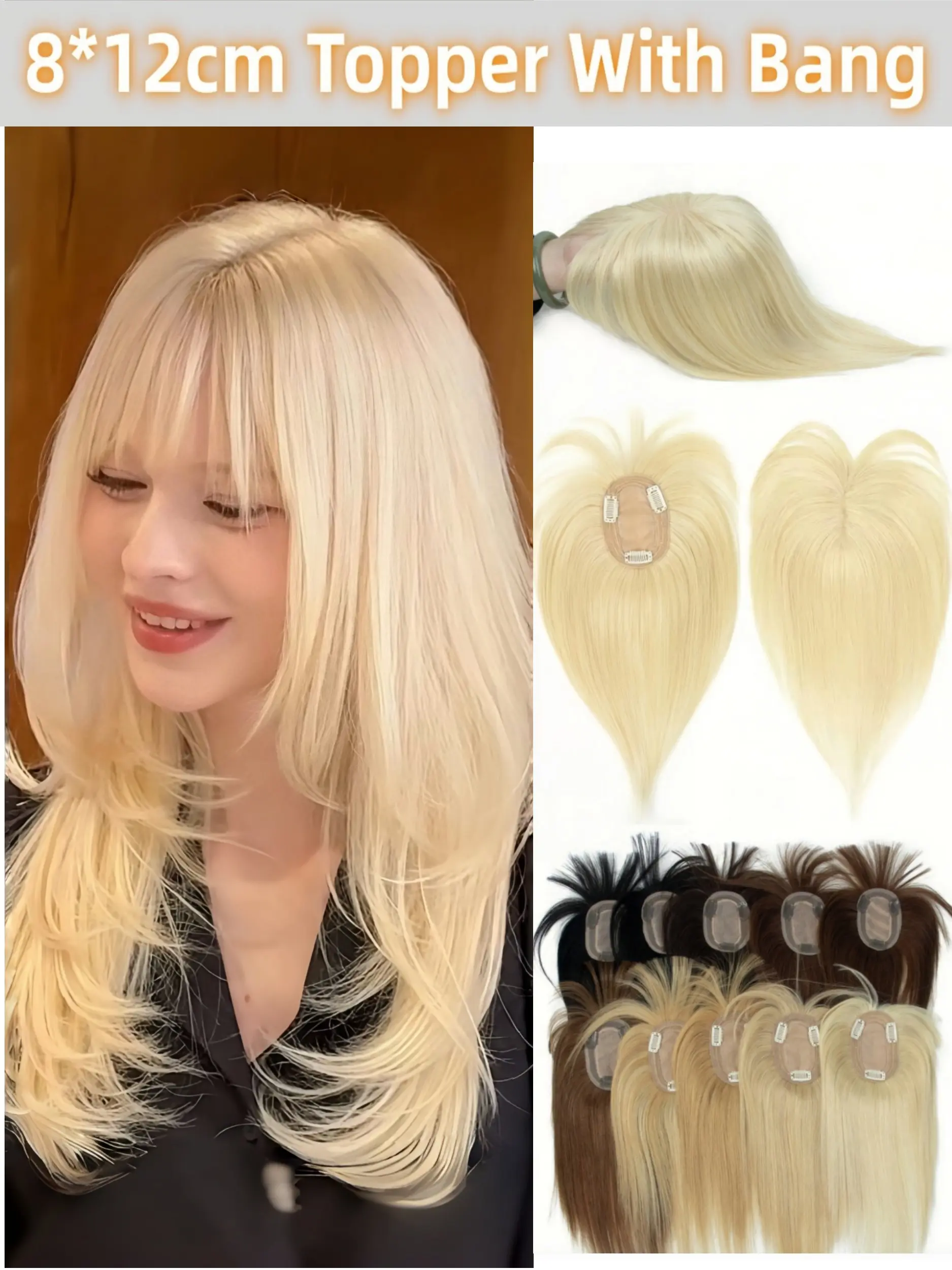 8x12cm Lace Net Human Hair Topper with Bangs, Invisible 3clips-In, Natural Look, Ideal for Thinning Hair, Bald, Volume & Coverage