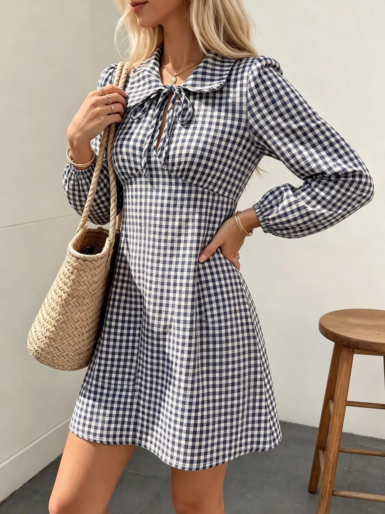 Navy Blue Gingham Mini Dress Bow Peter Pan Collar Puff Long Sleeve A Line Fall Vacation Sundress Women Vintage Plaid Collared Dress Front Tie Keyhole Long Sleeve Casual Travel Outfit Preppy Gingham Bow Collar Long Sleeve Mini Dress Back Zipper Flowy