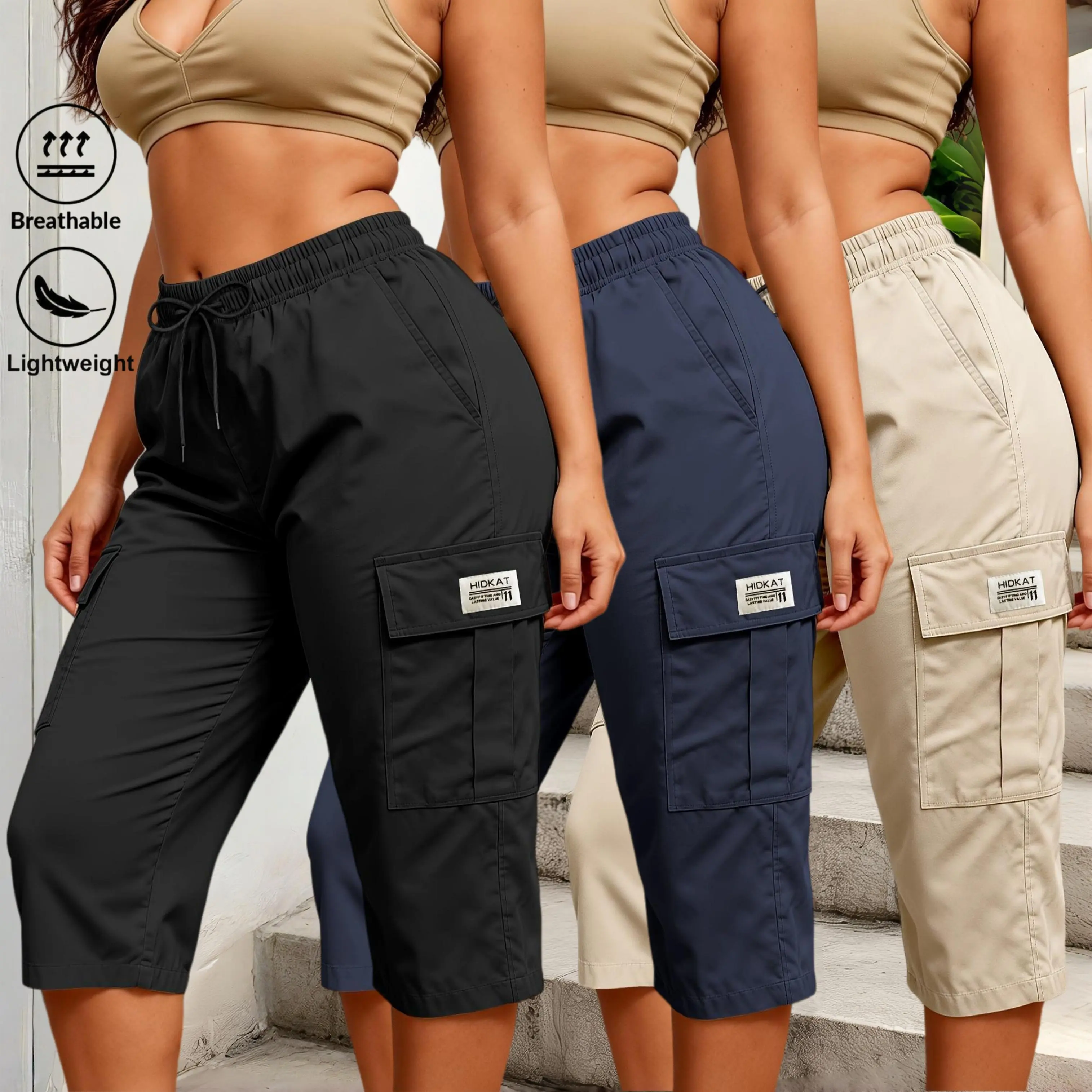 Women's Activewear Cargo Capri, Lightweight Summer Streetwear with Elastic Drawstring Waist and Flap Pockets, Athletic, Loose, Baggy, Oversized, Bottoms, Sports Clothes, Capri Pants Women, Cool Baggy Cut, Drawstring Fit, Sportswear