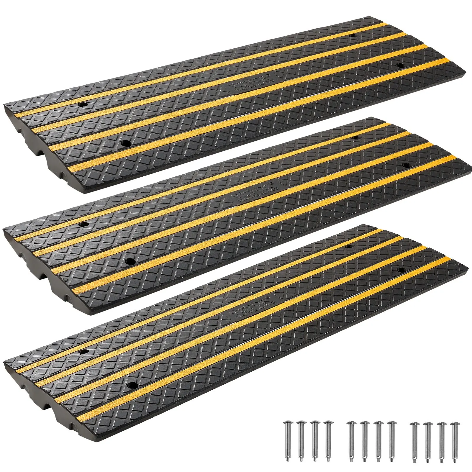 VEVOR Heavy Duty Rubber Car Driveway Curb Ramp Set (3 Pack), 33069 lbs Load Capacity, 2.6 in Rise Curbside Bridge Ramp with Yellow Reflective Strips, Suitable for Loading Dock, Garage, Three