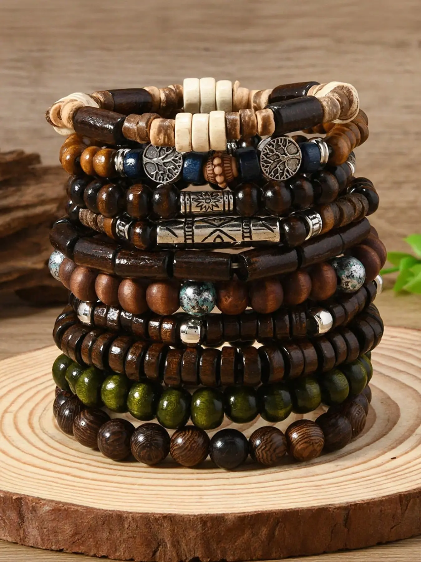 10 pieces/set Bohemian style wooden bead, turtle, coconut, turquoise bracelet set, men's and women's bracelets, bracelets, bracelets, holiday gifts