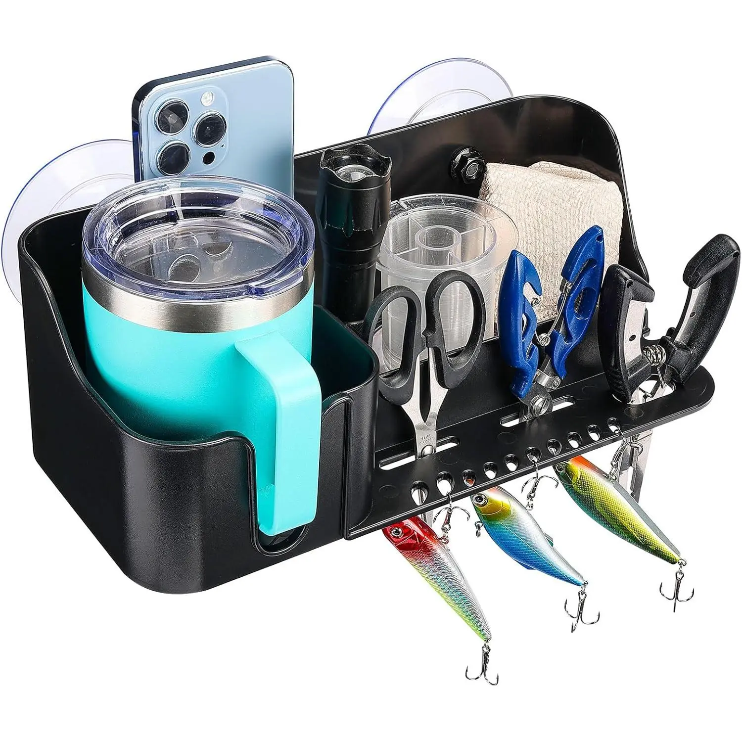 Boat Cup Holder, Caddy Organizer Installed With Screws/Suction Cups on Any Flat Surface, Storage Organizer, Cockpit Storage Box Marine Cup Holder for Bass Kayak Jon Pontoon Boat Accessories