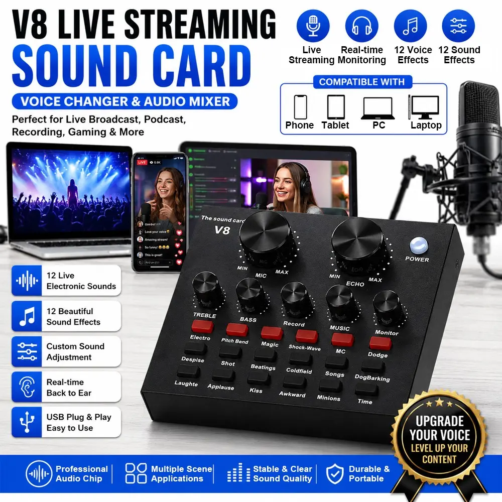 V8 Live Streaming Sound Card Audio Interface, Voice Changer Podcast Mixer with 12 Sound Effects, USB Recording Console for TikTok, YouTube, PC & Mobile Live Sound Cards