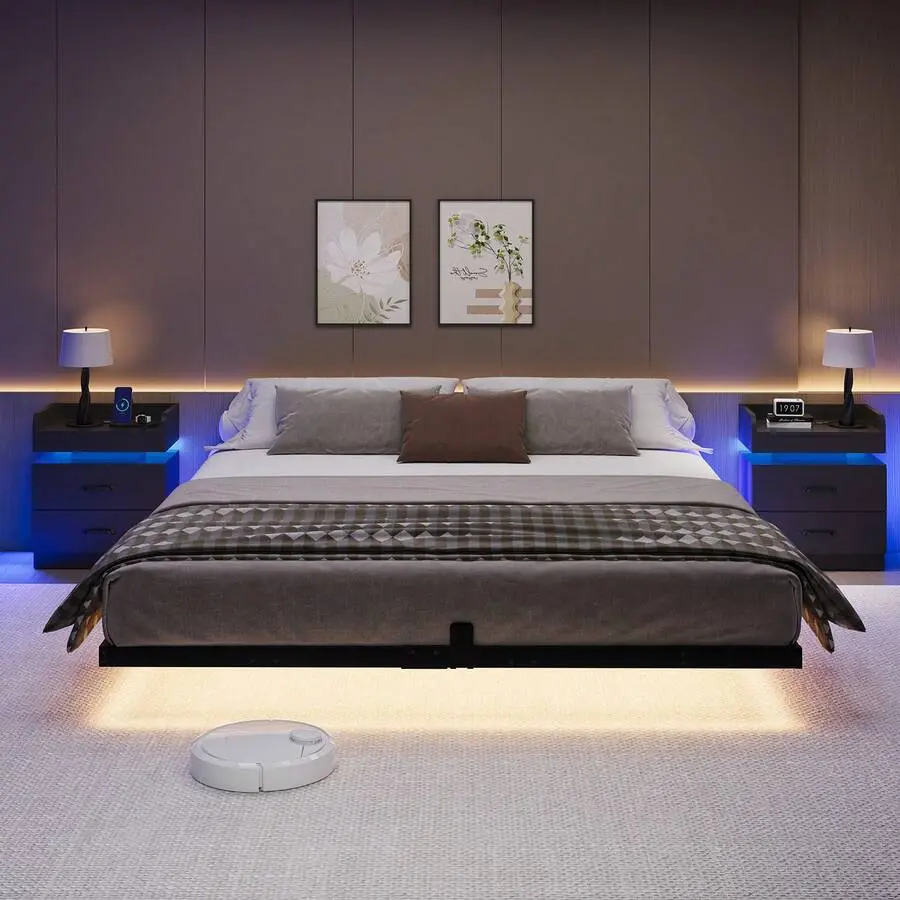 Black LED Metal Floating Bed Frame - Heavy-Duty Steel Slats, No Box Spring Needed, Easy Assembly, Full/Queen/King Size with USB LED Strip