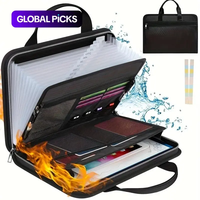 Fireproof Foldable File Folder with Handle, 13 Transparent Pockets, Zipper and Labels, Expandable Multi-Pocket Document Organizer Folio, Important Document Organizer, Files Organizer, Office Supplies, Storage