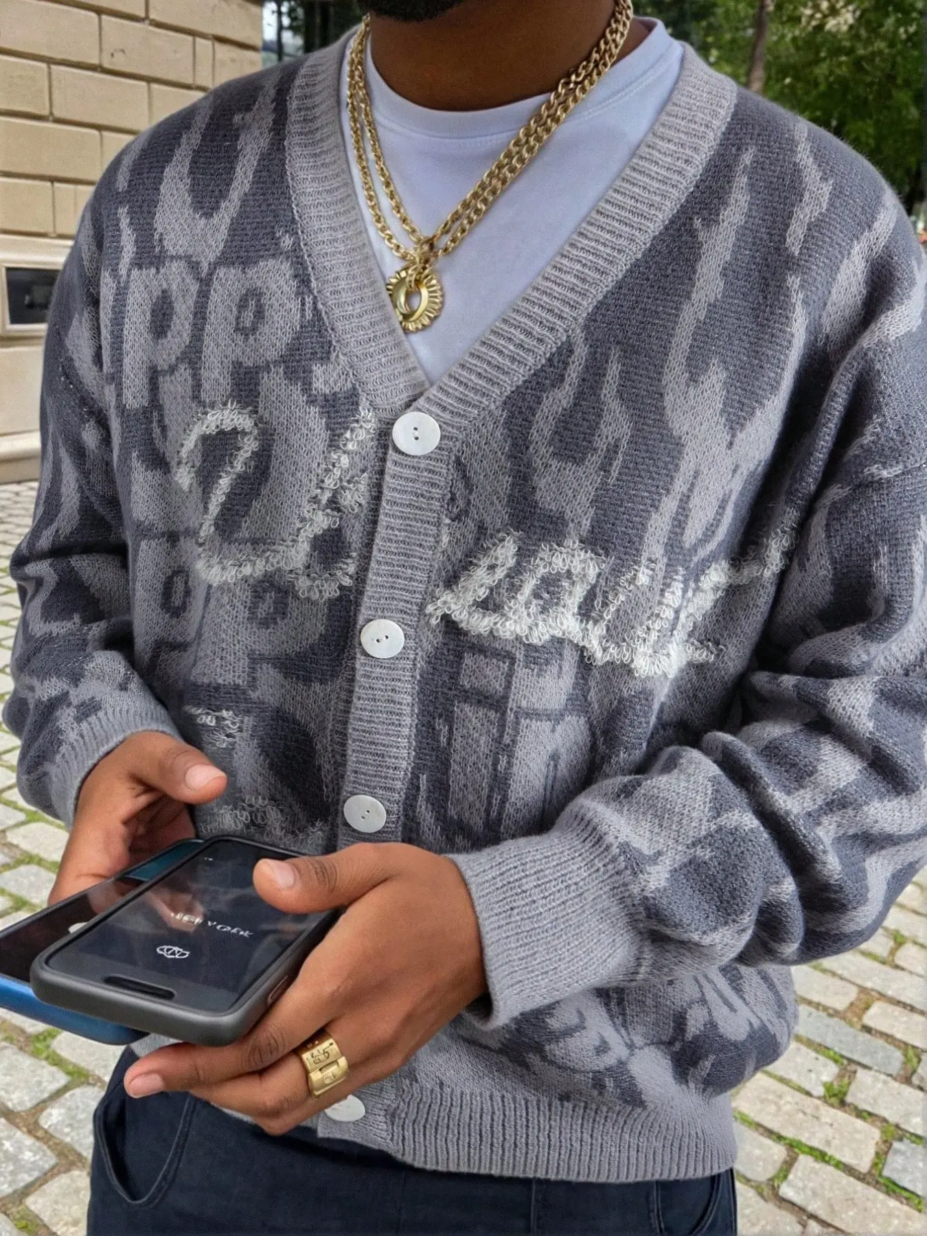 Men's Street Style Letter Print V-Neck Sweater, Casual Loose Fit Long Sleeve Pullover, Spring & Fall Fashion Top, Polyester Knit Sweater