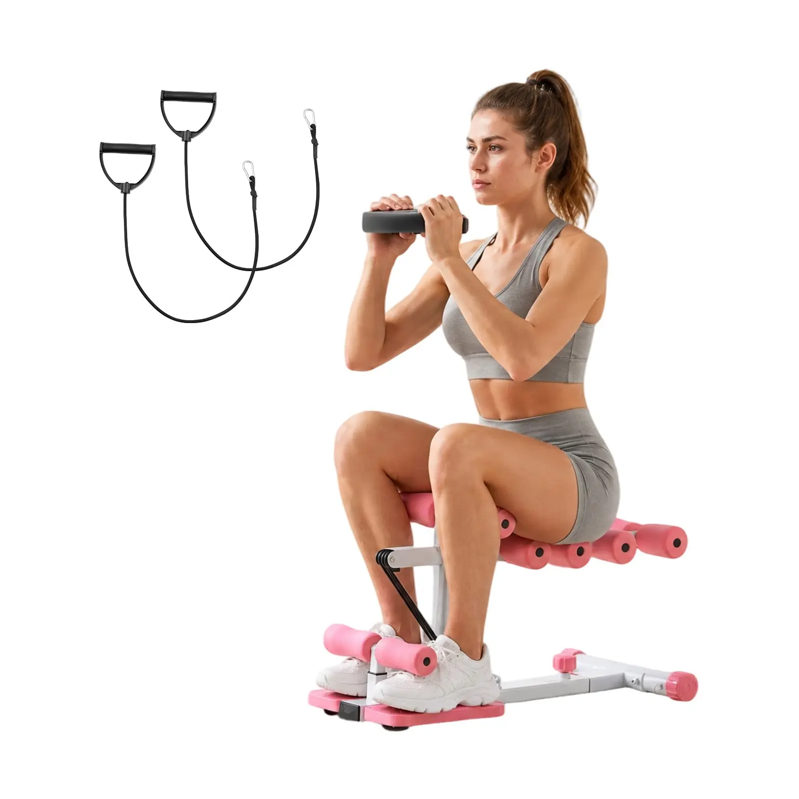 VEVOR Deep Squat Machine - Adjustable Glutes Trainer with 3 High-Strength Resistance Bands, Folding Core Leg Exercise Equipment, Home Gym Push-Up Workout Equipment, Pink White