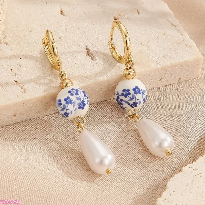 Women's 2026 Spring-Summer Vintage Chinese-Style Drop Earrings, Blue-White Porcelain Bead Wind Chime Dangles With Faux Pearls, Elegant Oriental Retro Ear Jewelry, Light Statement Accessory For Tea Parties, Traditional Style Matching, No