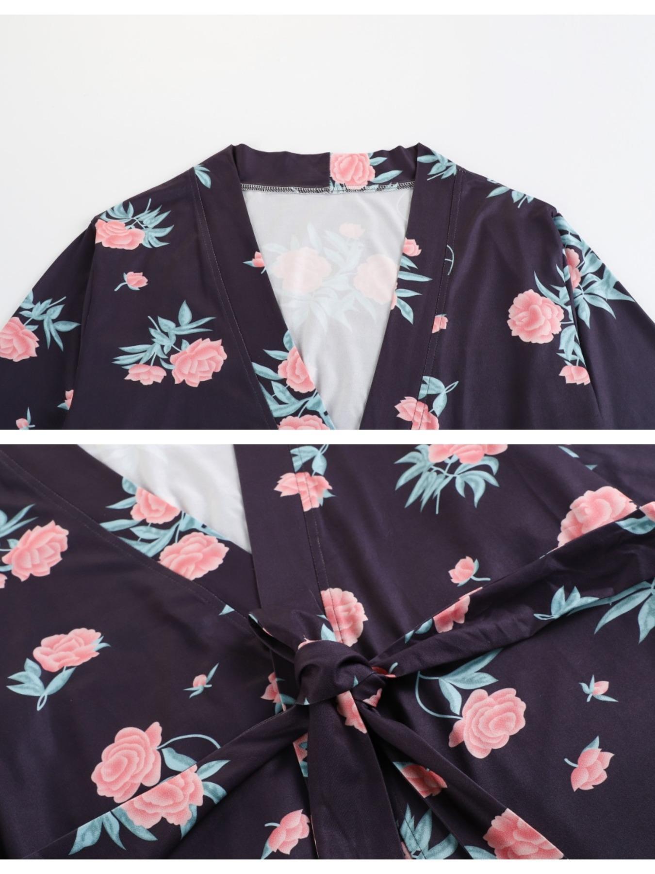 Floral Print Women's Robe and Slip Dress 2 Piece Set, Elegant and Comfortable Long Sleeve Sleepwear Dress for Casual Home Wear