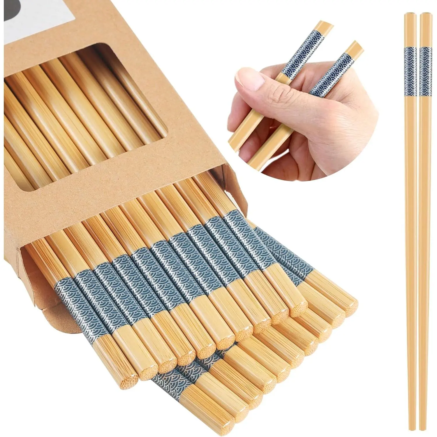 10-Pair Reusable Bamboo Chopsticks, Traditional Chinese Cutlery & Tableware, Non-Slip, Dishwasher Safe, 9.45in
