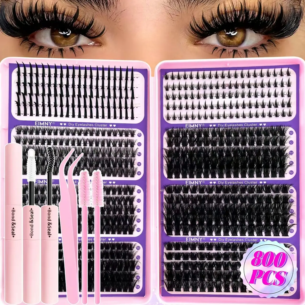 800pcs Lash Clusters for Eyelash Extension, Eyelash Cluster Extensions, Lash Clusters Kit, Includes Spiky and Bottom Lashes,  D Mixed-Style Volume Lash Clusters with Glue, Tweezers and Brush, D-Curl Eyelash, False Eyelashes for DIY at Home