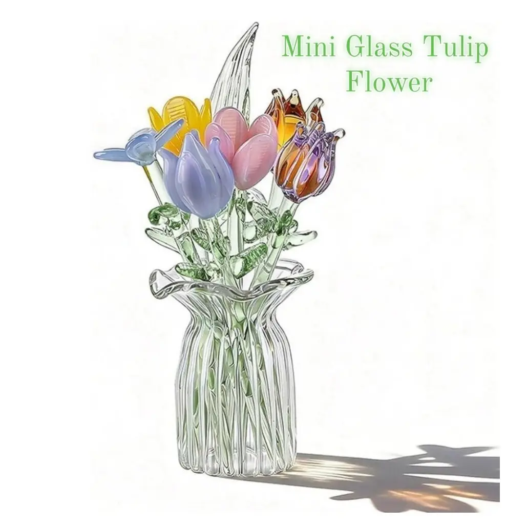 7 Pcs Mini Glass Tulip Flower with Clear Vase Crystal Tulip Bouquet for Women Mom Wedding Home Table Centerpiece