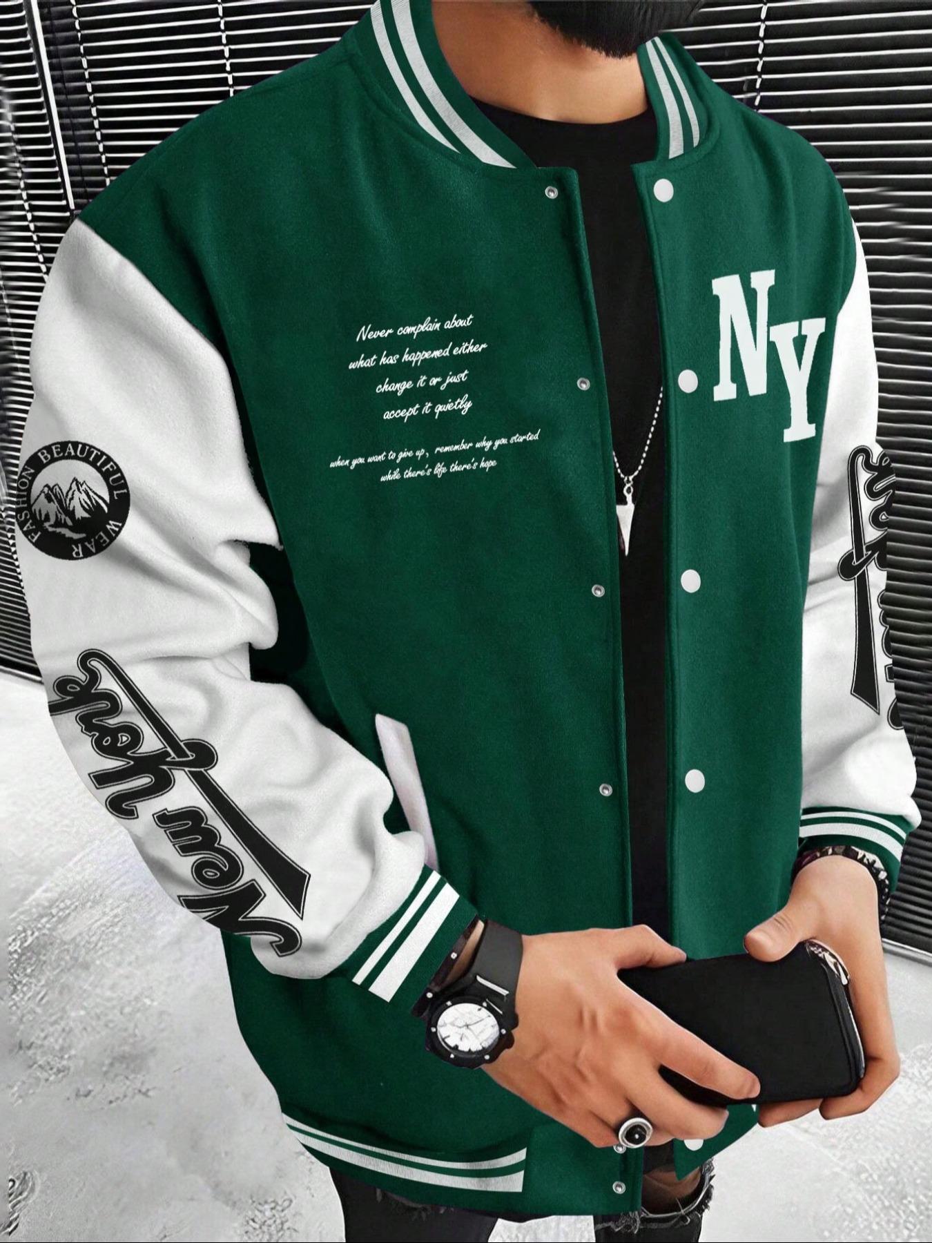 Men's Letter Print Baseball Collar Bomber Jacket, Loose Casual Sporty Long Sleeve Varsity Jacket for Fall & Winter, Men's Knit Outerwear for Daily Wear