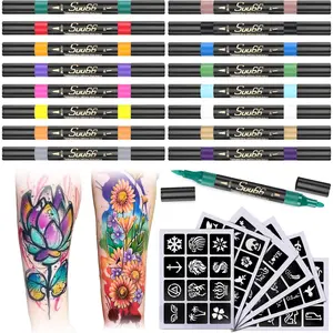 Suu66 Temporary Tattoo Markers Kit, Dual-End 16 Colors with 80 Stencils for Body Art |   Skin-Safe, Washable, Cosmetic-Grade |   for Kids & Adults