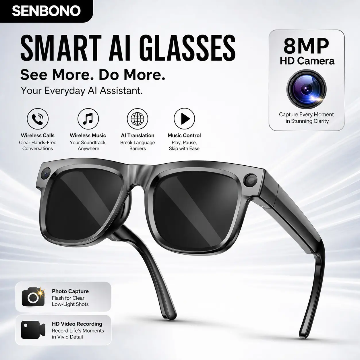 SENBONO Smart Shooting Glasses, Multifunctional Smart Glasses with 8mp Camera, HD Photo and Video, Bluetooth-compatible Connection, Ideal for Outdoor Sports and Vlogging, AI Camera Glasses