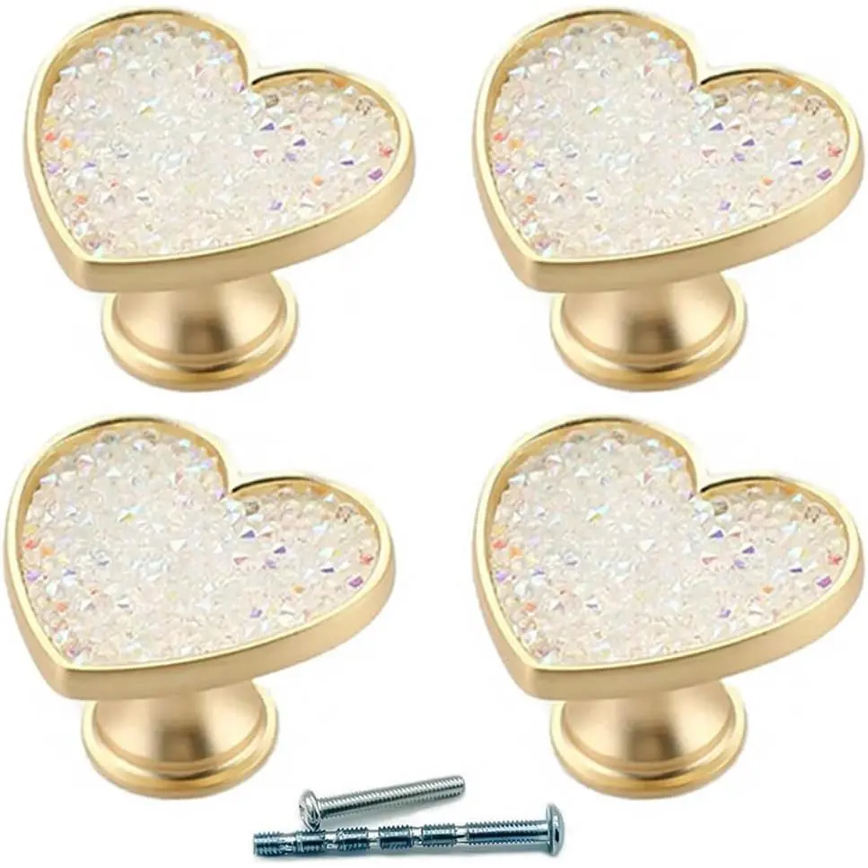 4 count Golden-Brass-Heart-Drawer-Knobs, White--Cabinet-Knobs, -Copper-Furniture-Cupboard-Dresser-Handles (White )