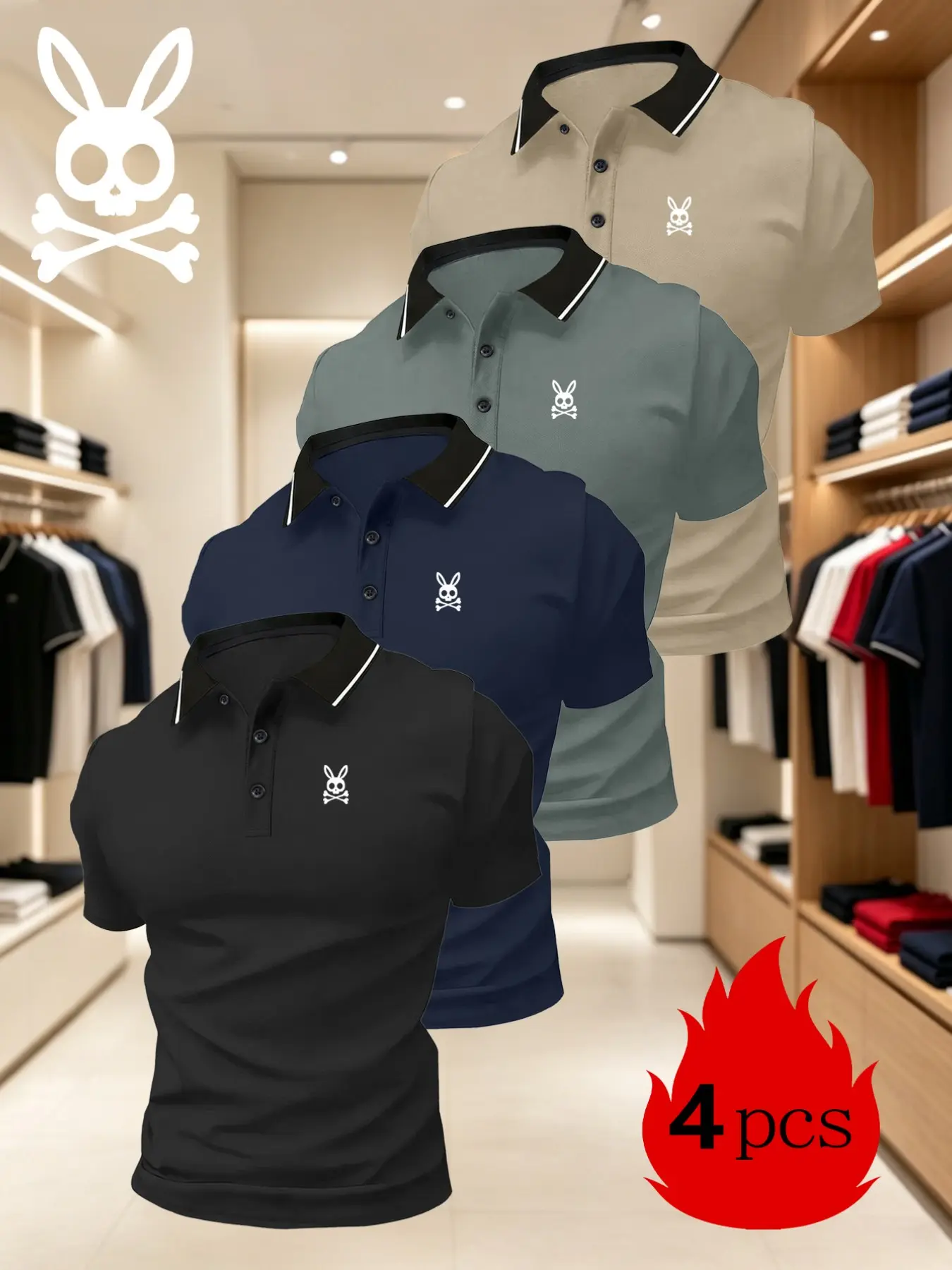 Men's Sporty Quick-Dry Polo Shirts, 4-Pack with Skull Rabbit Print, Comfortable Breathable Fabric, Durable Stretch Material