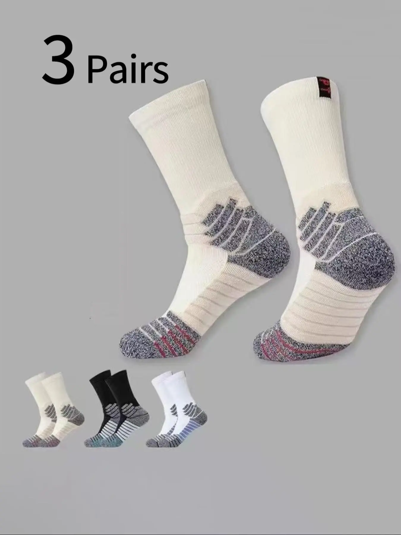 3 Pairs Men's Professional Basketball Socks, Anti-Slip High-Cut Sport Socks, Moisture-Wicking Breathable Running Socks, All-Season Crew Socks, Sports Socks