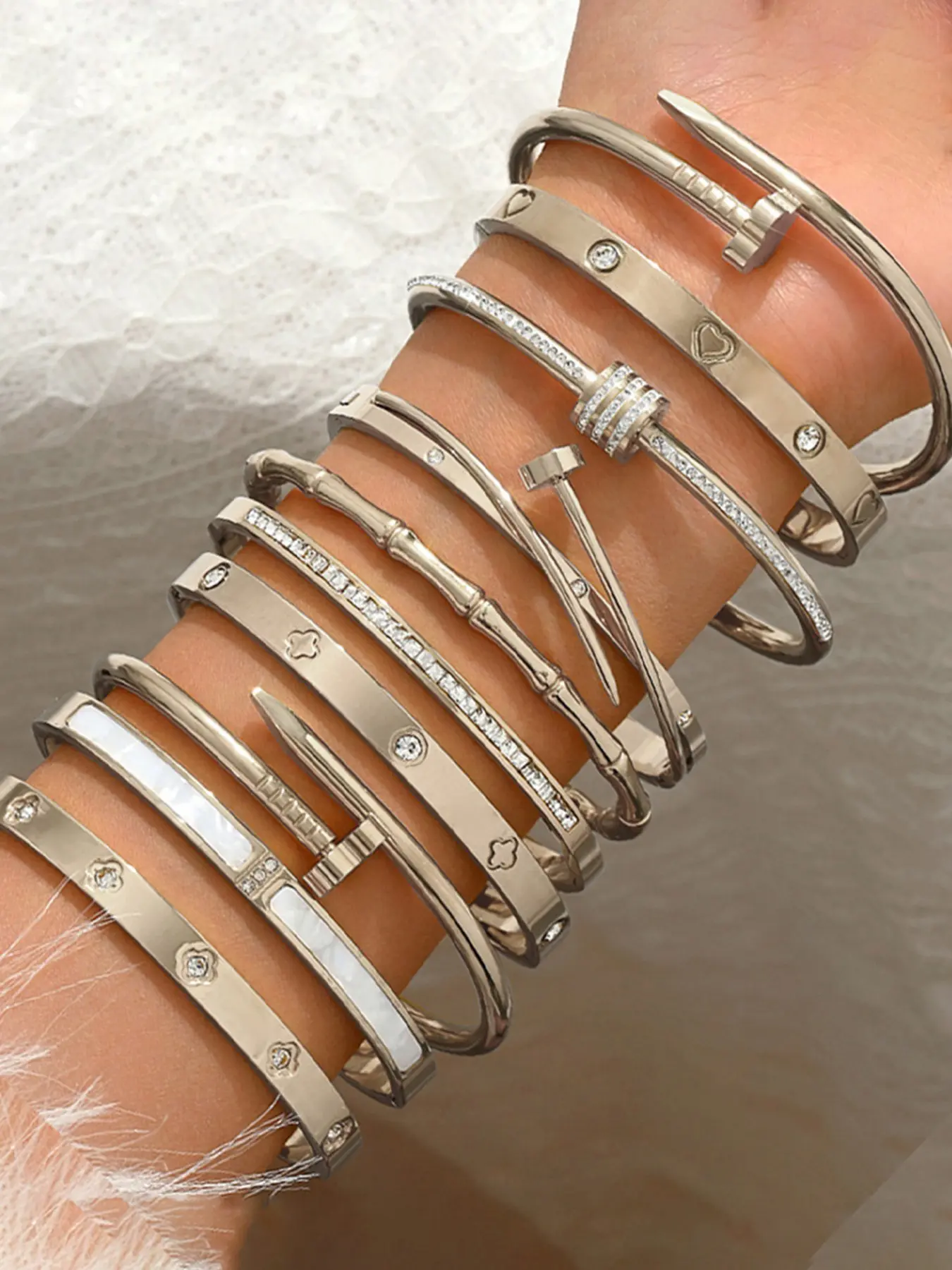 10 Pcs Stainless Steel Letter Rhinestone Clasp Bracelets for Women, Stacking Bangles, Titanium Heart Love Silver Color Bangle Set, Elegant Jewelry Gift