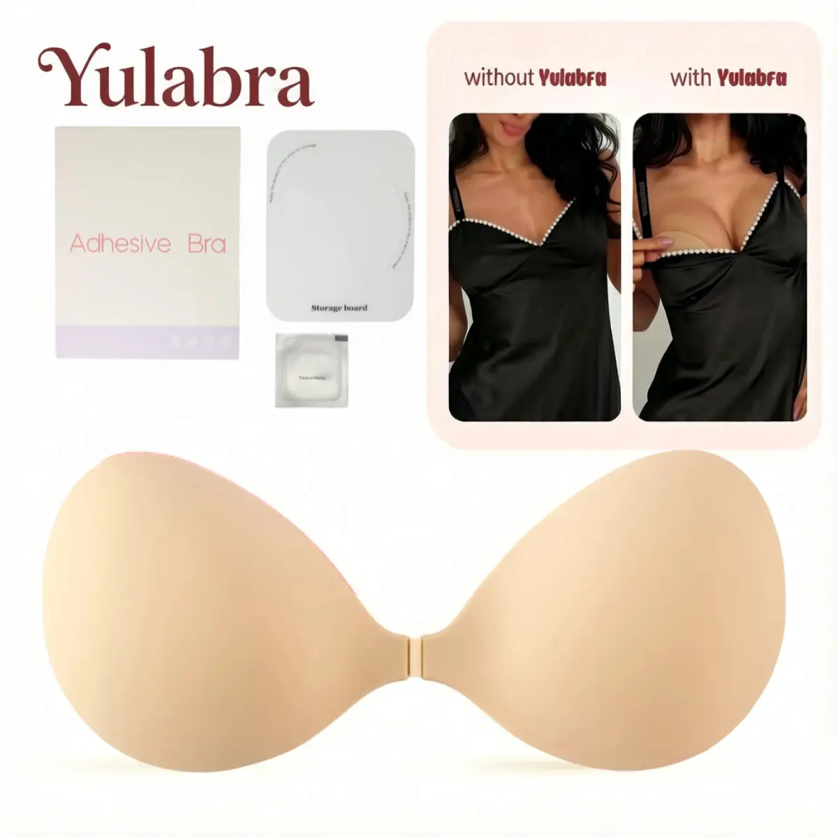 Yulabra Sticky Bra – No.1 Push-up Sticky Bra, Waterproof & Sweat-proof Invisible Bra, Reusable Silicone Adhesive Bra for Women, Includes Storage Board & Replaceable Pads