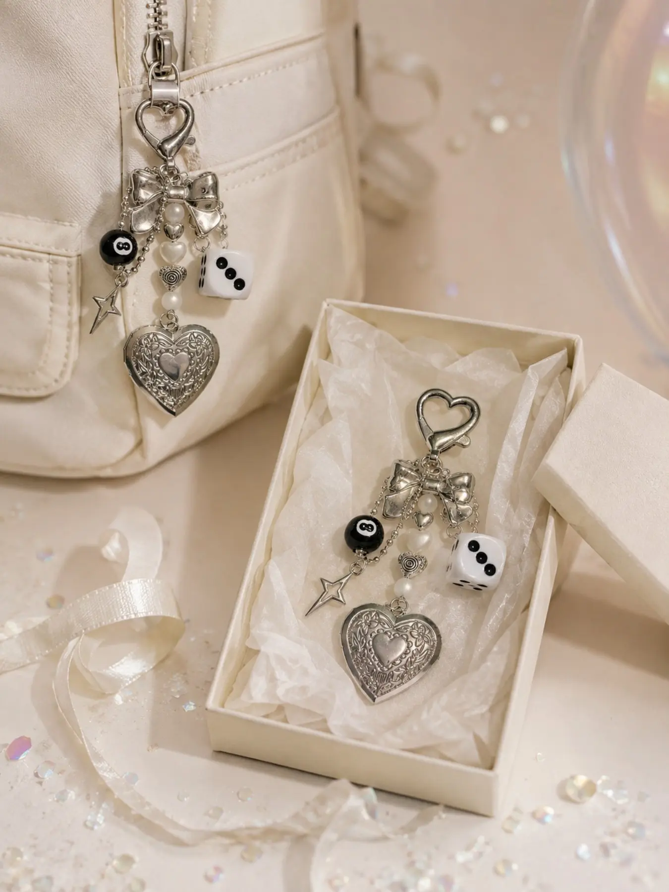 Y2K Heart Locket Keychain, Silver Dice Bow Bag Charm with Heart Lobster Clasp, Beaded Star Pendant for Handbag, Backpack and Keys, 1 Piece