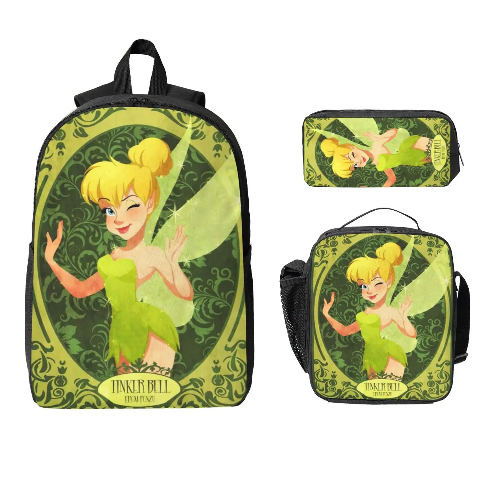 Kids' 3-Piece Peter Pan Pattern Backpack Set - 3-in-1 Foldable Water-Repellent Synthetic School Bookbag with Lunch Box & Pencil Case, Back to School Essential, 3-In-1 Foldable Backpacks