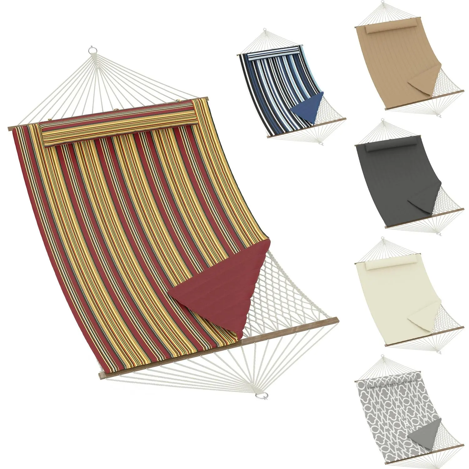 2 Person Outdoor Hammock - Quilted Cotton Rope & Polyester Pad - Removable Pillow, 450lbs Capacity - Patio, Garden, Beach,home decor,camping essentials