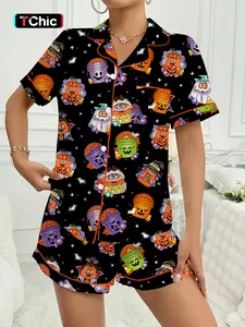 【Halloween】Women's Halloween Print Pajama Set, Casual Comfy Short Sleeve Top & Shorts Set, Ladies Sleepwear for All Seasons, Loungewear