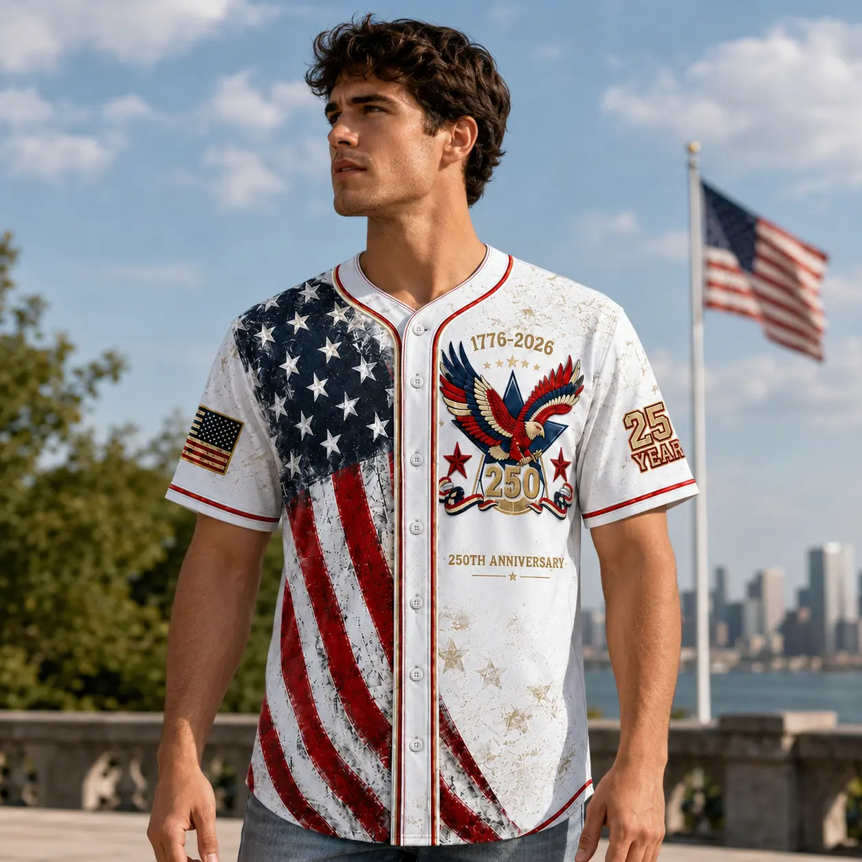 Unisex 250th Anniversary USA Patriotic Button-Front Baseball Jersey - 250 Years Graphic, Distressed Print, Eagle Graphics, Lightweight Relaxed Fit, 4th of July Barbecues, Sporty Chic Veteran Apparel
