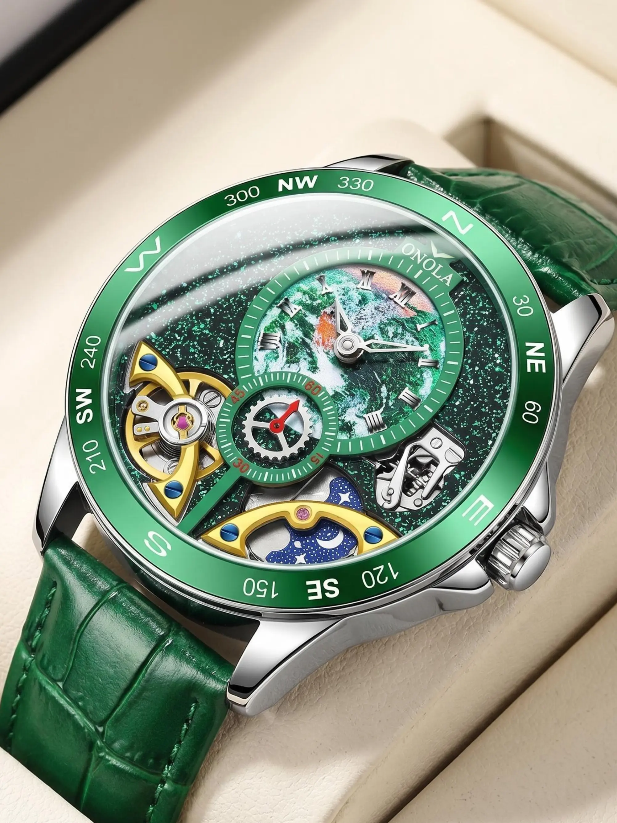 ONOLA Bran Men Mechanical Watch Automatic Wristwatch Men Hollow Hand Watch Earth Starry Dial Business Mechanical Watch Leather Strap Compass Bezel Large Dial Fashion Dress Wristwatch For Men