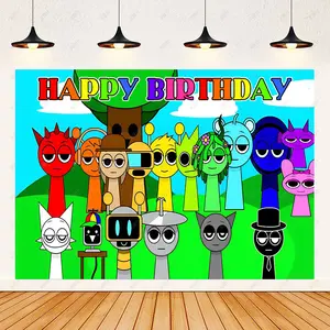 Incredibox Sprunki Birthday Backdrop Party Background Cloth, Balloon Cake Theme Tapestry Wall Hanging Photography Background Premium Polyester Fabric, Party Celebration Decor, Cake Table Setup, Baby Shower Event, Photo Studio Prop