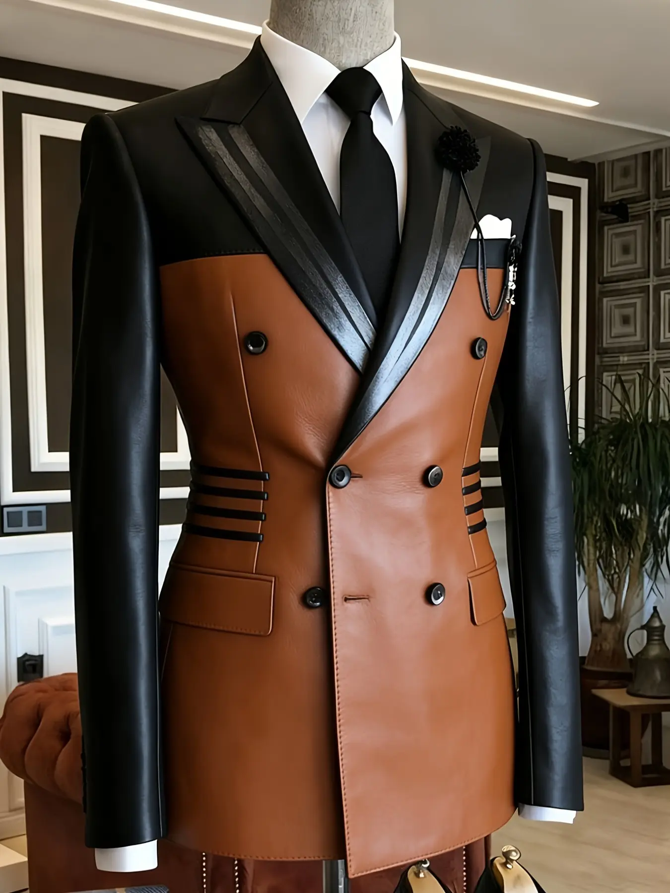 Ainwear Faux-Leather Blazer, Men's Double-Breasted Peak-Lapel Jacket, Casual Fitted Jacket for All Seasons, Party Stage Suits Outer Top