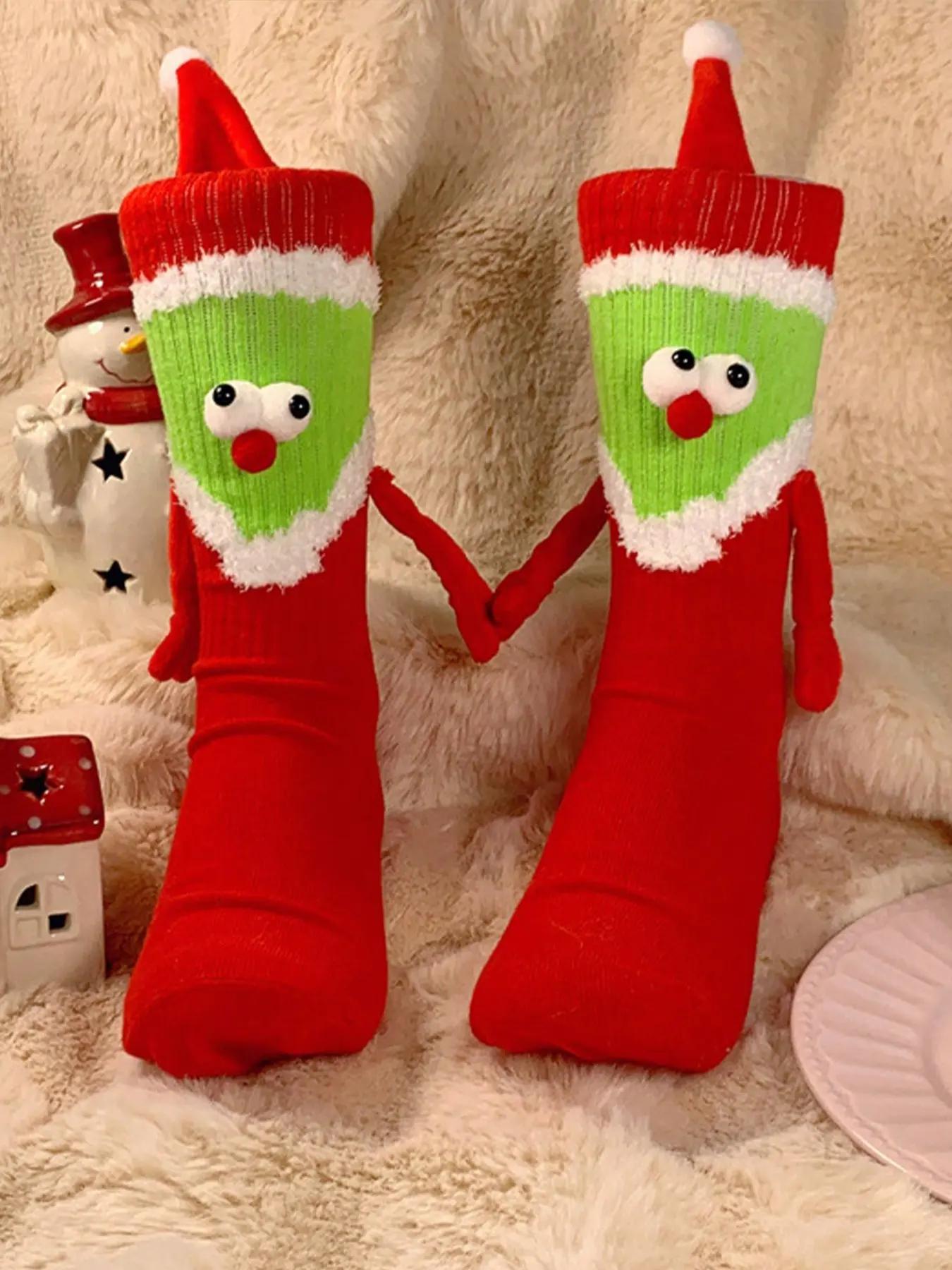 Funny Couple Christmas Socks with 3D Eyes Design, Knee-High Long Tube Socks for Men & Women, Unique Holiday Gift Idea