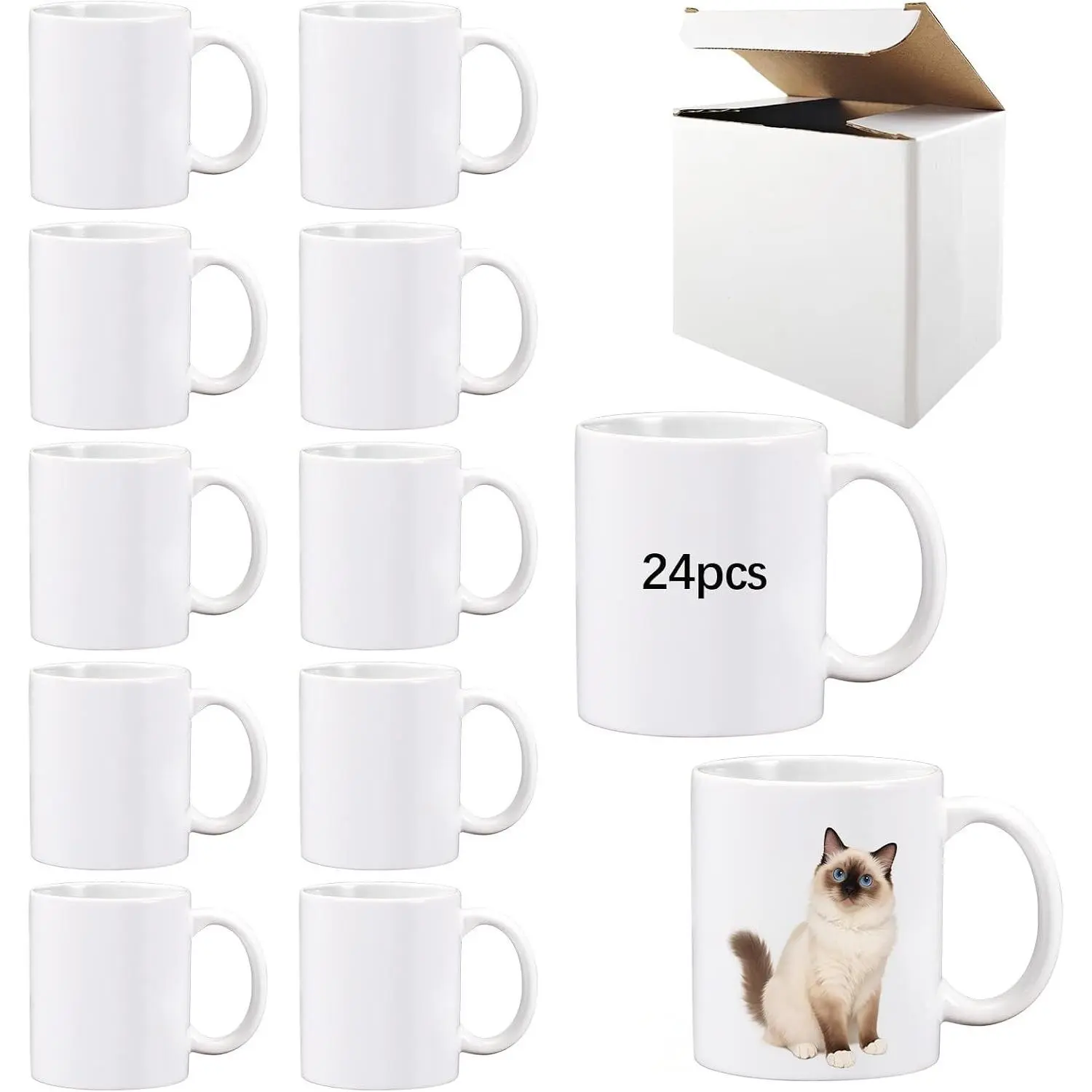 24 Pack 11 oz sublimation mugs with boxes round handle tazas para 11oz ounce coffee cups for sublimation mug blanks bulk products (White, 11OZ)