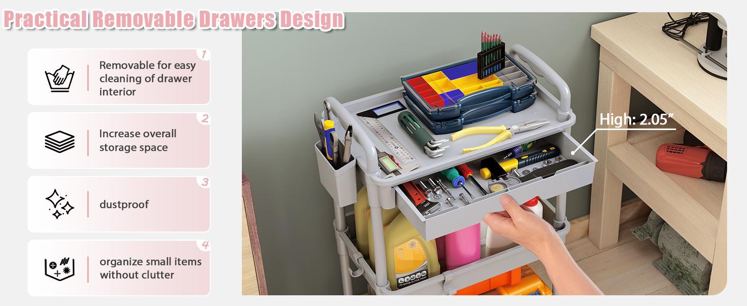 3 Tier Rolling Utility Cart Organizer with Removable Drawer, Stable and Sturdy Pink Rolling Storage Carts with 2 Lockable Wheels for Bathroom, Kitchen, Snack, Craft, Makeup, Baby Essentials