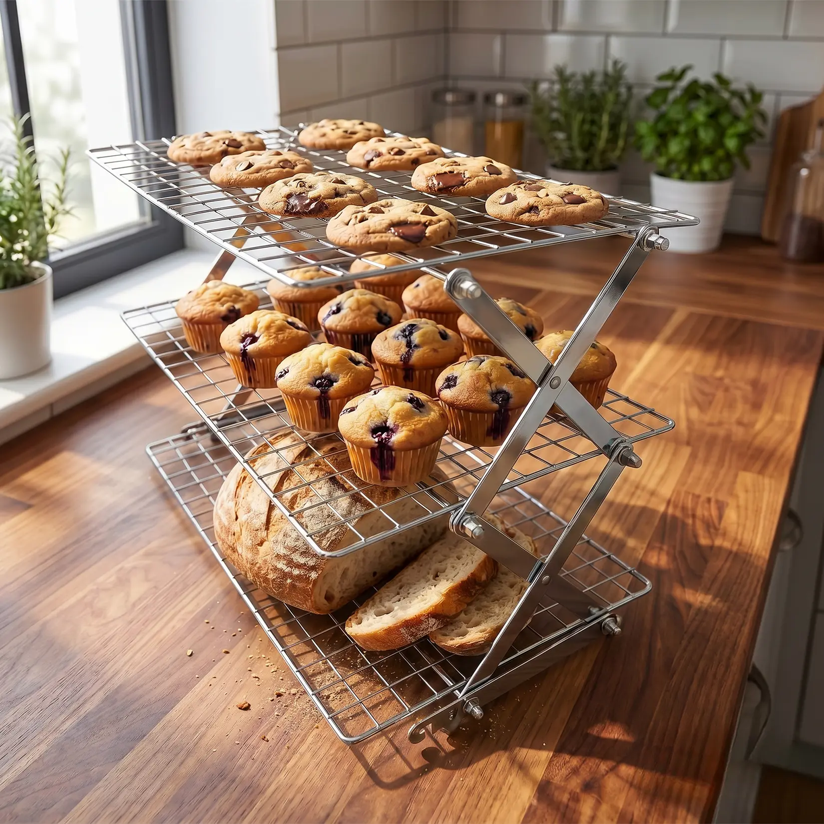 Sturdy Heavy-Duty Carbon Steel Collapsible X-Shaped Multi-Tier Cooling Rack - Adjustable Height Grid Design Bakeware Tool Organizer, Space-Saving, Dishwasher Safe for Cooling Baked Goods