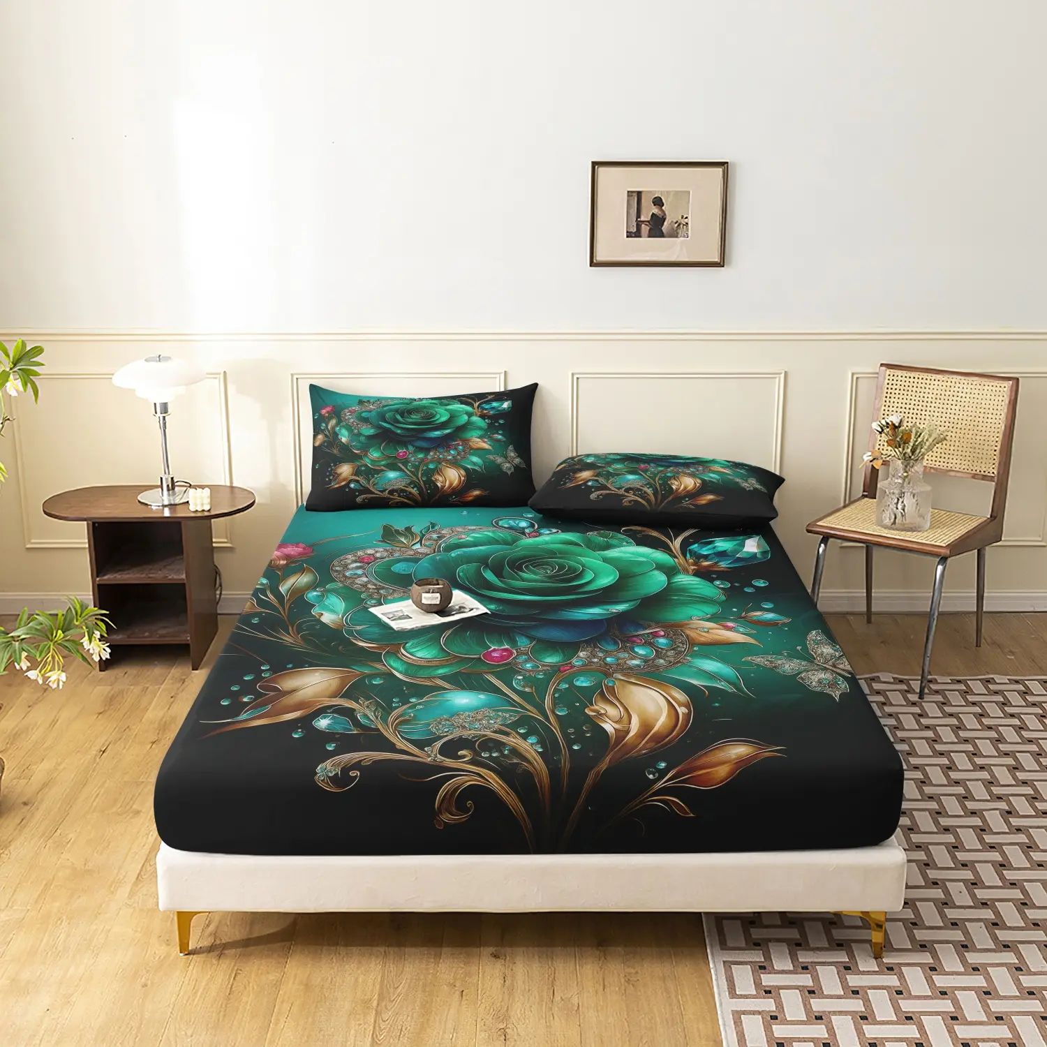 3 Pieces Luxury Emerald Green Gem Rose Fitted Sheet Set, Bedding Sheets, Bed Linens, Golden Leaf Crystal Butterfly Floral Printed Bedding, For Bedroom Home Decoration, Multiple Sizes Available (1 Fitted Sheet + 2 Pillowcases, No Pillow)