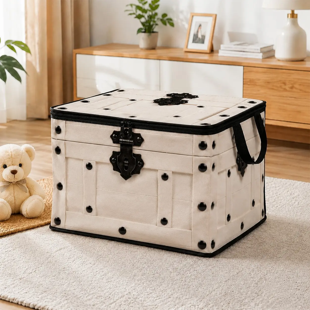 2D Flat Printed Vintage Rustic Industrial Lidded Home Storage Bin Treasure Chest Lock Clasp- for Closet Storage Laundry Room Use, and Bedroom Organization, Ideal for Storing Seasonal Clothes, Bedding and Other Household Items, Keeps Your Space Neat Tidy