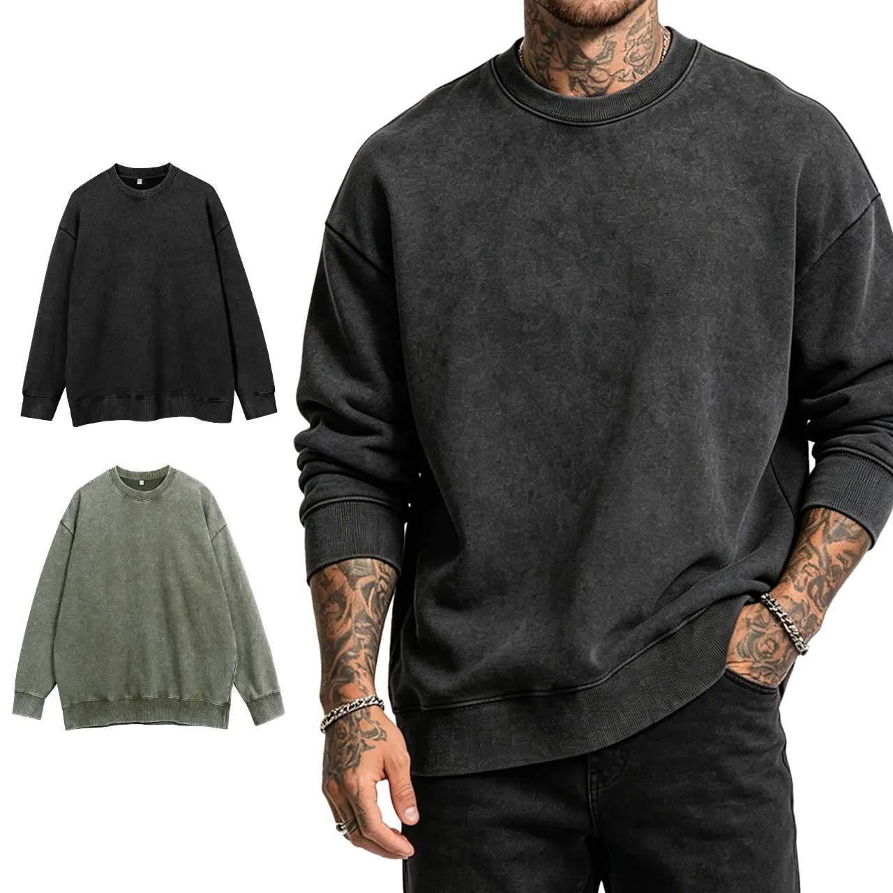 Men's Retro Pullover Sweatshirt, Washed Heavyweight Streetwear with an Oversize Fit, Casual Crew Neck, 1 or 2 Pack, Street Wear, Retro Style, Wash Look, Vintage, Tops, Long Sleeve
