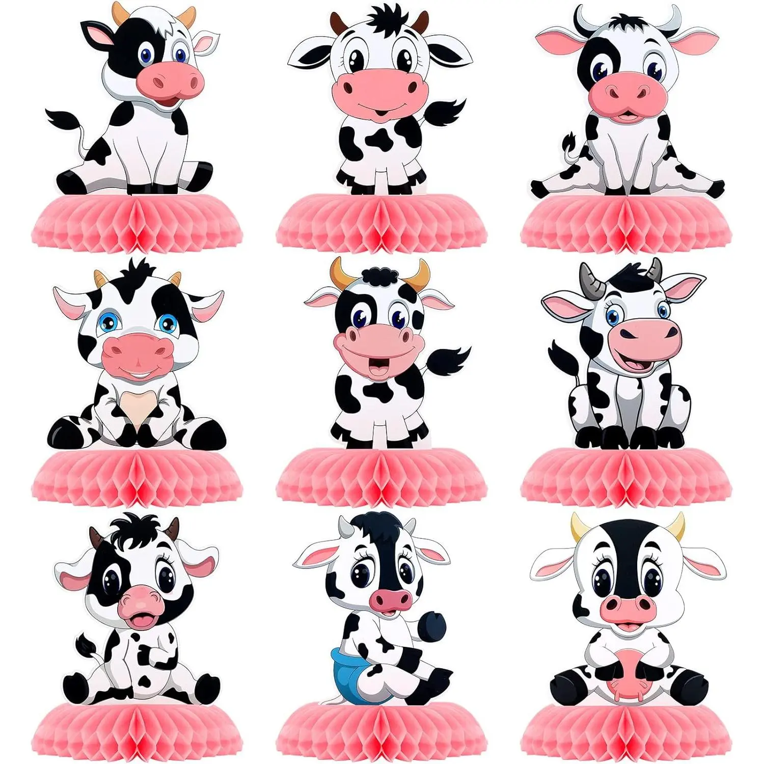 9 Pcs Pink Printed Cow Party Decorations - 3D Cow Honeycomb Centerpieces, Farm Barn Table Toppers for Western Cowboy Baby Shower, Ornaments