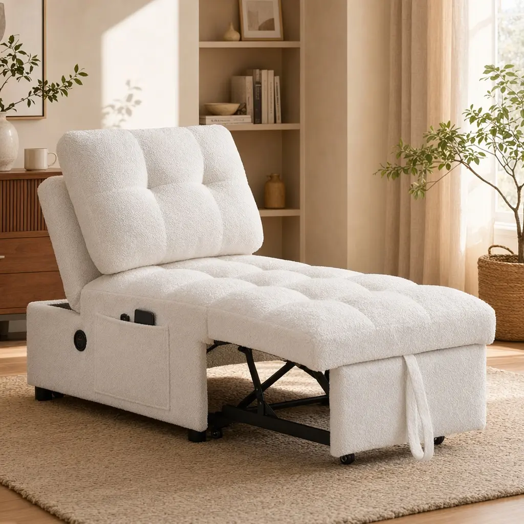 Armless Convertible Sofa Bed - Teddy Fabric White Modern Upholstered Futon Sleeper with USB Charging, Side Pockets, Adjustable Backrest, 58.55 lb, for Small Apartment Living Room, Comfy Couch, Study, 26.77 W X 35.43 D X 33.07 H In, Clean Look, Guest Bed C