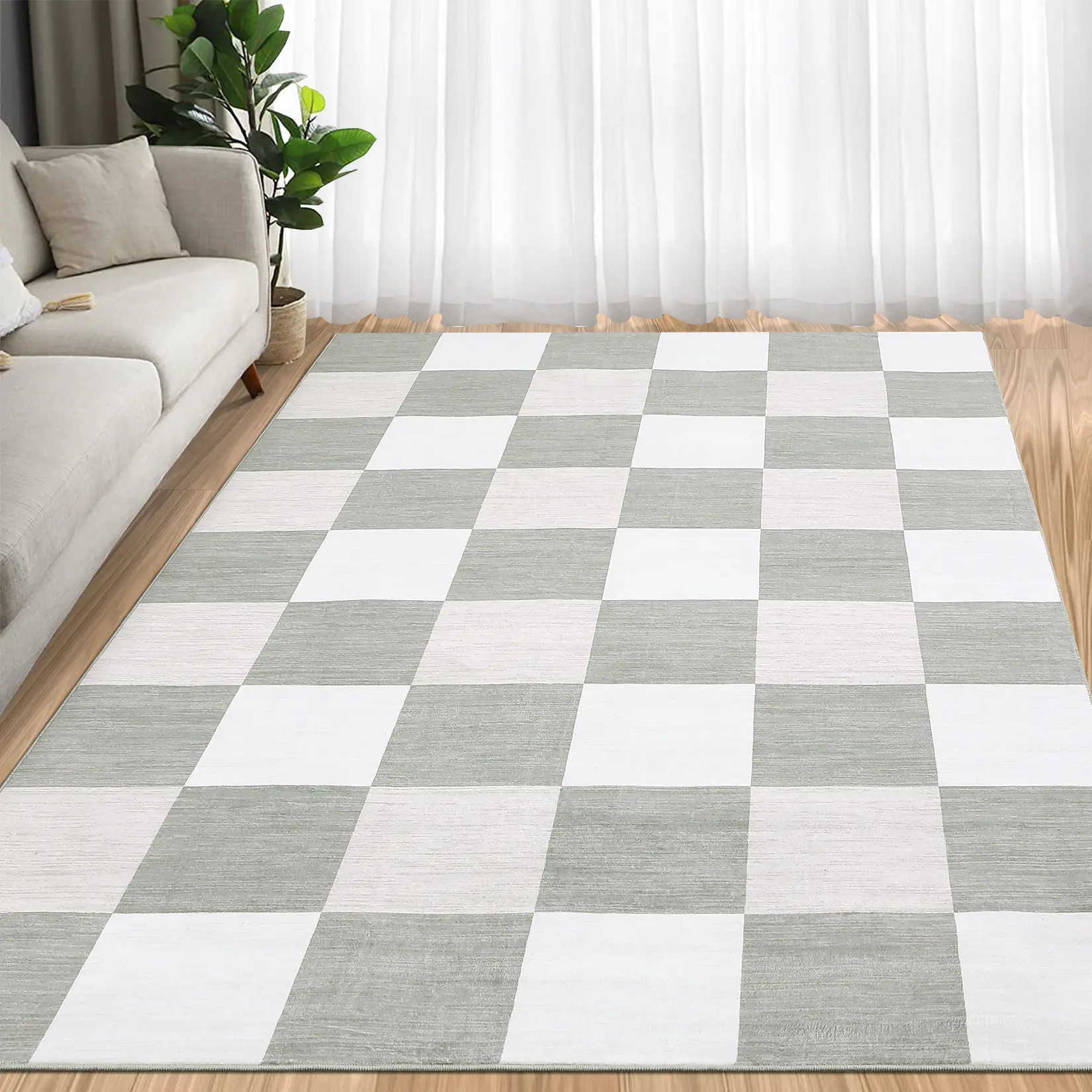 Minimalist Modern Checkered Geometric Area Rug, Ultra-Thin Foldable Soft Non-Shedding Stain-Resistant Non-Slip Machine Washable Decor Rug for Bedroom,Office & Farmhouse Indoor Home Decor