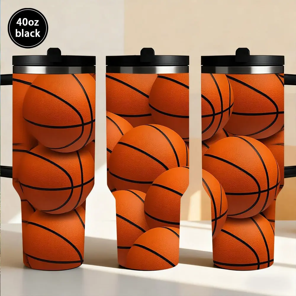 40oz Stainless Steel Vacuum Insulated Tumbler - 3D Visual Stacked Basketball Full Wrap, Black Base & Handle, Waterproof Sports Travel Hydration Mug, Gift for Basketball Fans Teen Boys