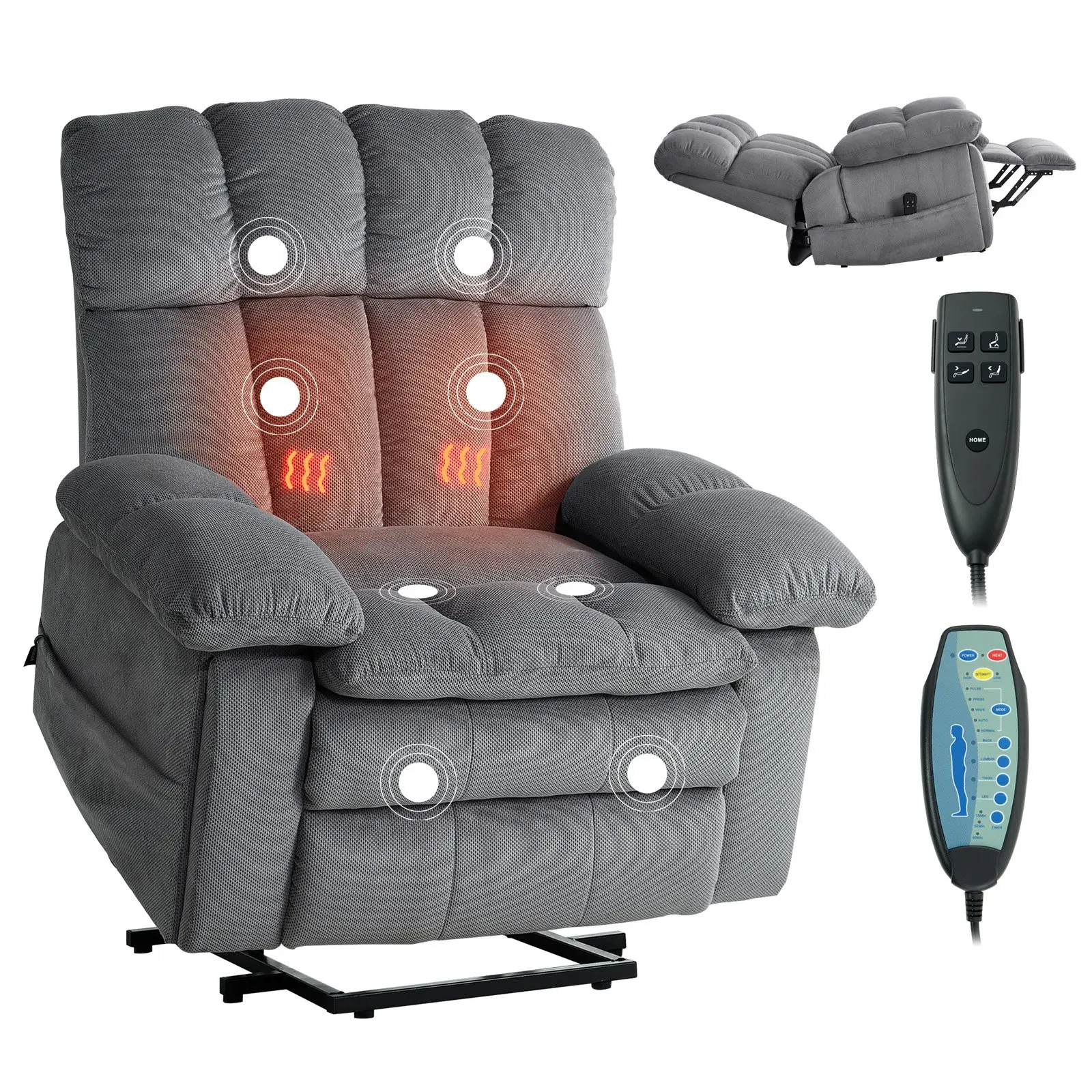 【Summerfinds】VEVOR Ergonomic Sturdy Oversized Dual-Motor Metal-Wood Power Lift Recliner Chair for Elderly, Chenille Fabric, Infinite Position Adjustment, Heat & Massage, Armrest Cup Holders, Storage Side Pockets, 2 Controllers, Relaxing Light Gray Chair