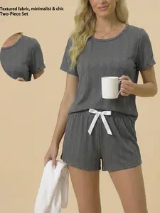 Two Piece Loungewear Set Short Sleeve Shorts Grey Black Solid Color Minimalist Valentine Gift Home Gathering Party Buttery Soft Skin Friendly Fabric Breathable Lightweight Outdoor Wear.
