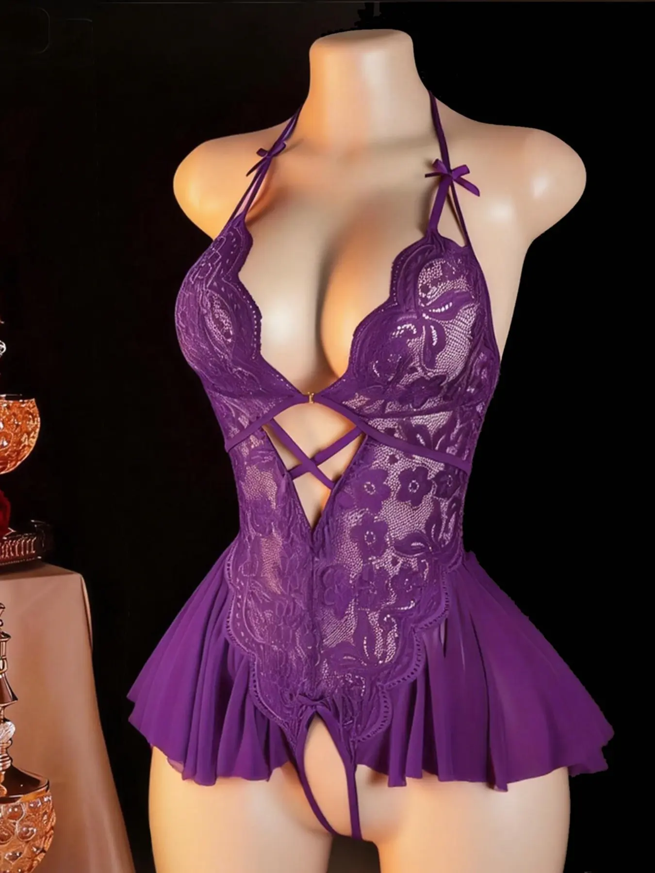 Rhinestone Open Front Seamless Lingerie, Erotic Bodysuit, Sexy Deep V Design, Plain Surface, All-Season Wear, Unlined, Lightweight, 88.2g/m² Weight, Underwear