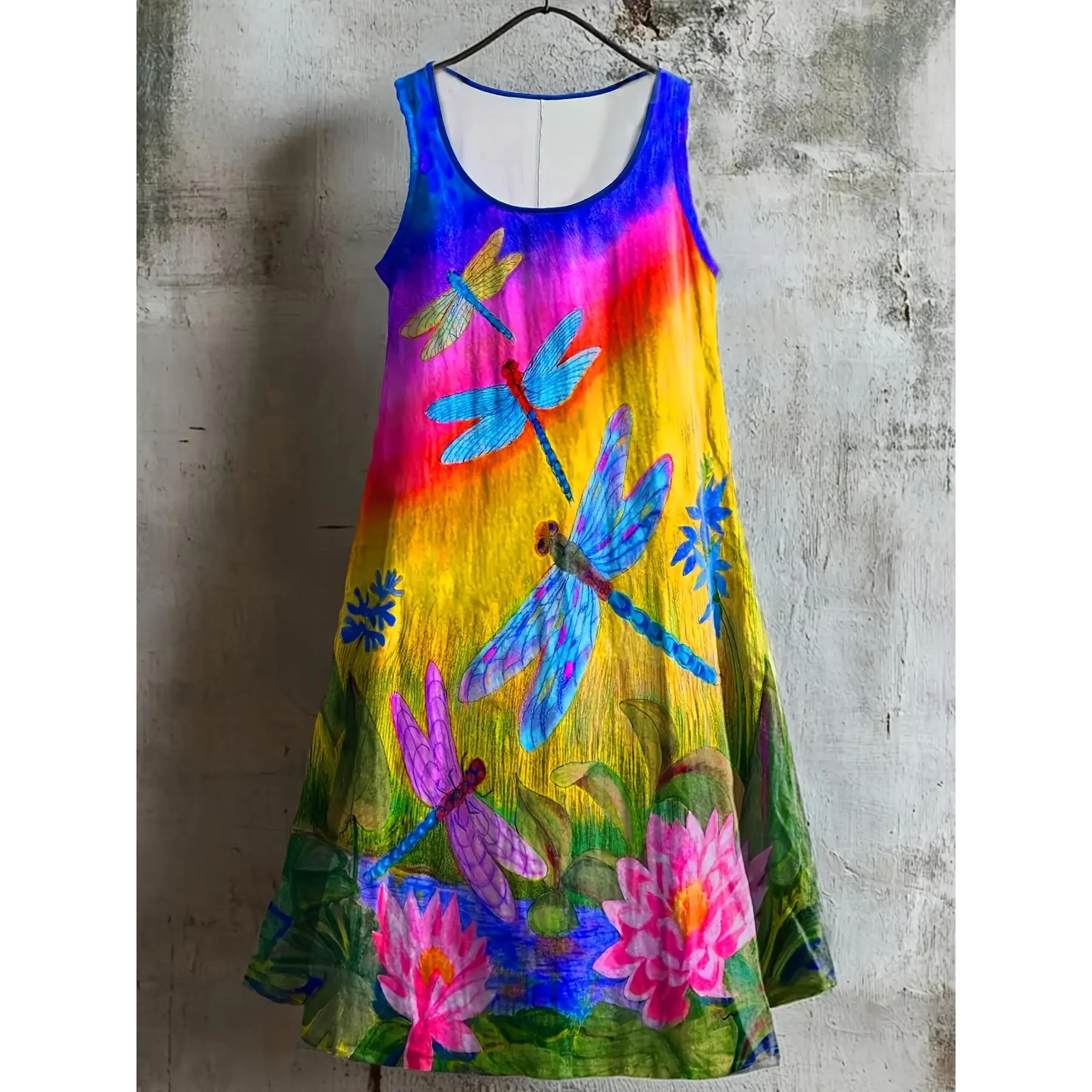 Plus Size Bohemian Style Dragonfly Lotus Print Sleeveless Vest Dress, Mid-Length Dress Suitable for Summer Beach And Garden Outings