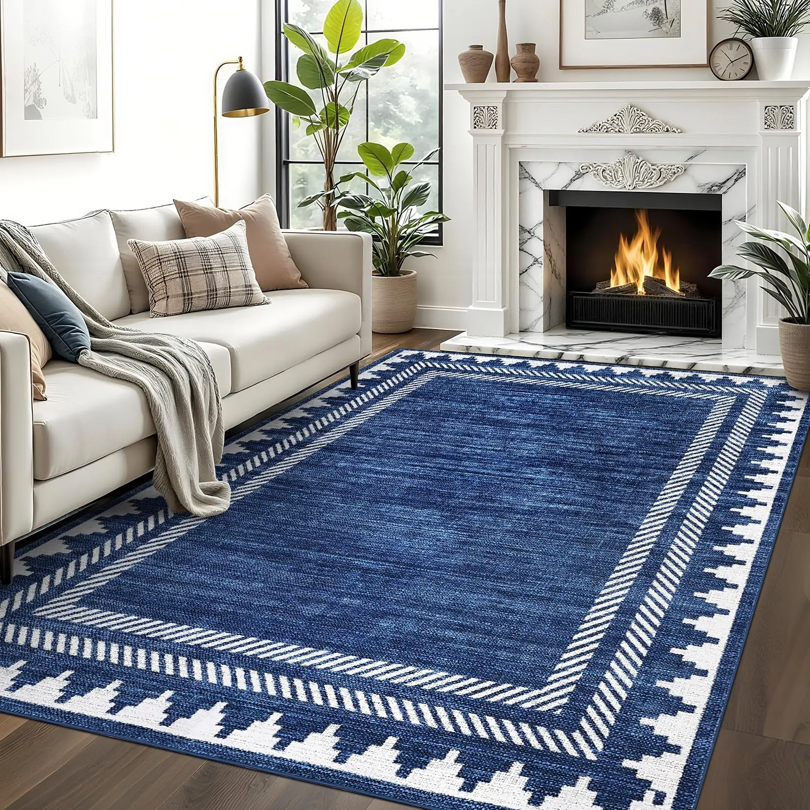 Garvee Washable Area Rug 8x10 Modern Neutral Living Room Rug Non Slip, Contemporary Geometric Carpet, Soft Non Shedding Mat, Stain-Resistant Low Pile Neutral Covering for Bedroom Office, Blue