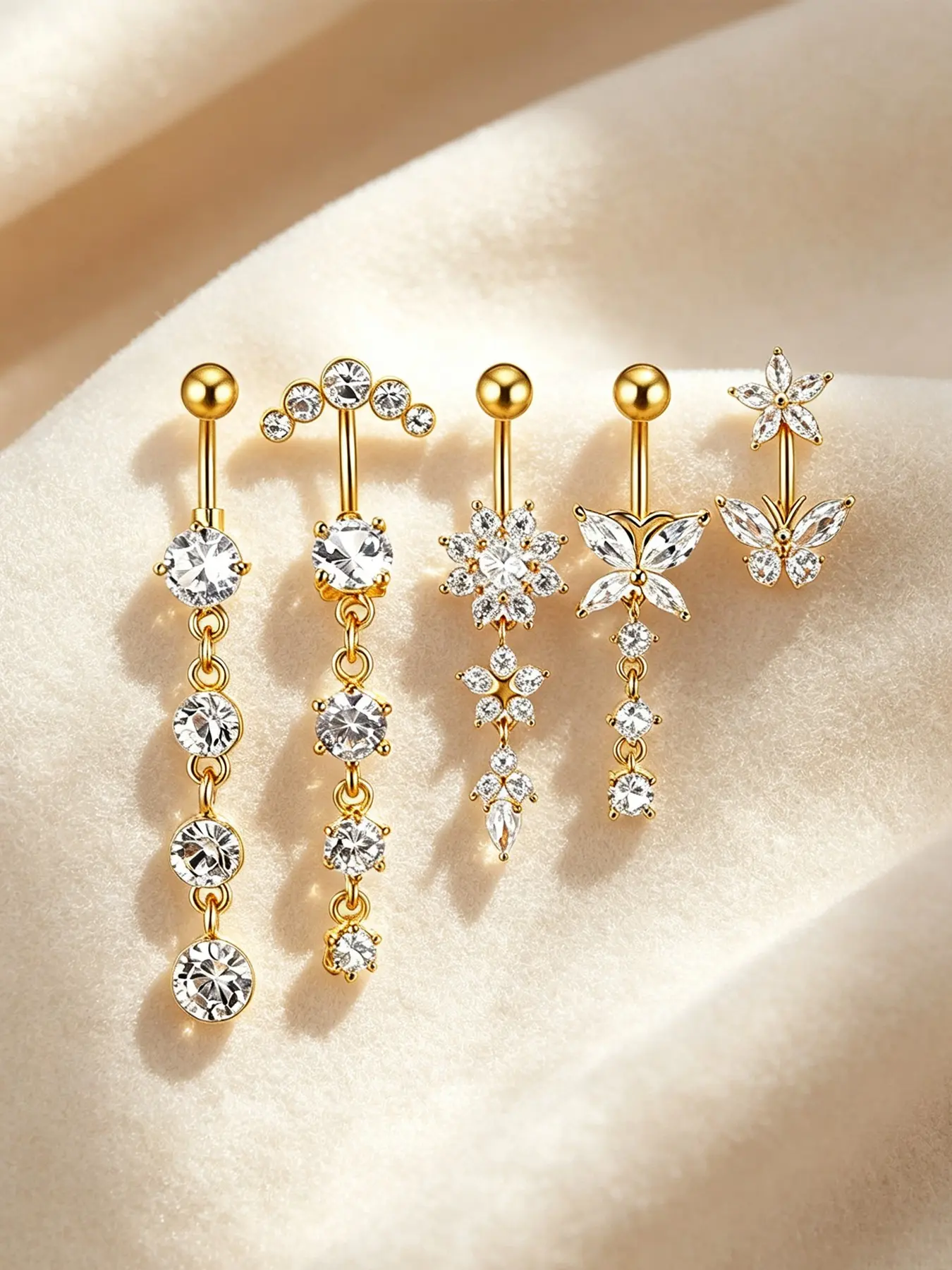 5Pcs Stainless Steel Cute Belly Button Rings Set, Shiny Cubic Zirconia Flower Butterfly Dangle Navel Piercing Jewelry,Hypoallergenic Screw Back Body Piercings for Women Summer Beach