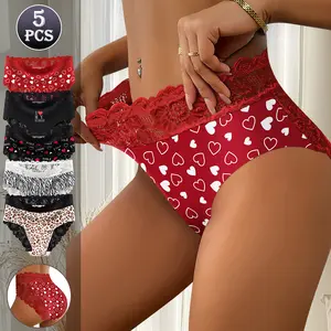 QUASTI 5PCS Mid Rise Lace Panties, Breathable Printed Full Coverage No Show Briefs, Smooth Invisible Stretchy Confidence Underwear, Daily Wear, S-XXL